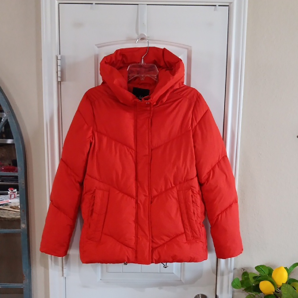 Sam Edelman Red Puffer Jacket Women's Small S Chevron Quilted Hooded Coat 05250